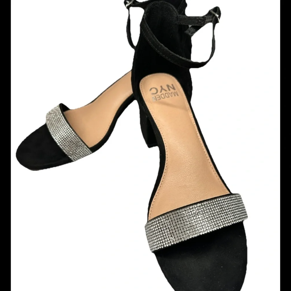 MADDEN NYC Black & Rhinestone Single Band Block Heel Ankle Strap Sandal Sz 9